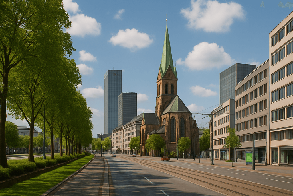Straßenansicht in Essen mit der markanten Marktkirche und modernen Hochhäusern im Hintergrund; daneben Textblock zur Erstellung eines individuellen Sanierungsfahrplans (iSFP).