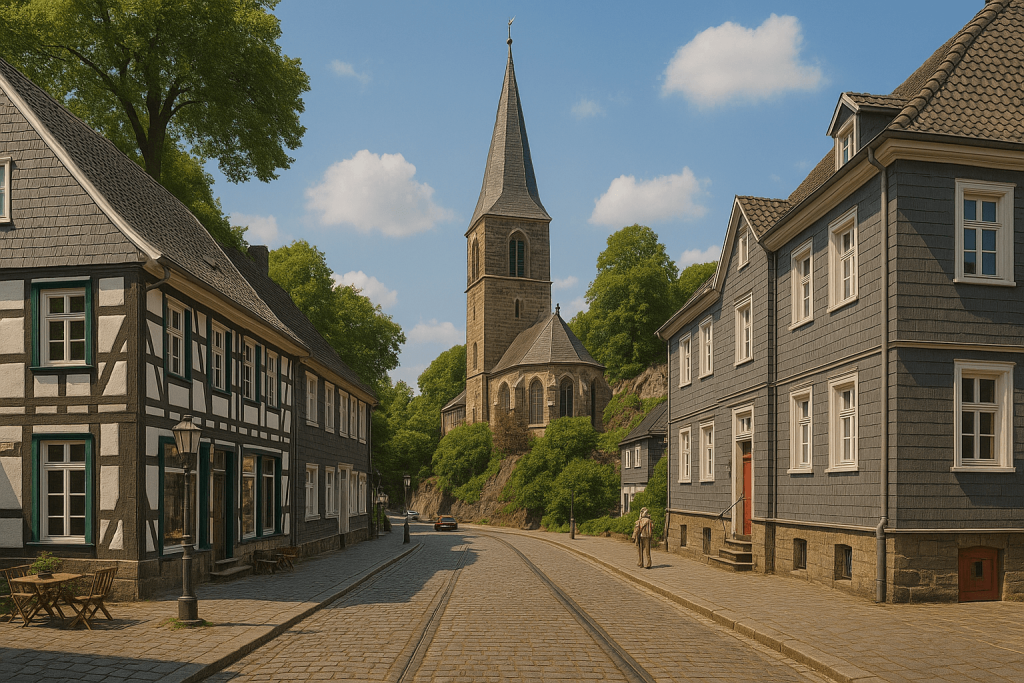 Historische Fachwerkhäuser und die Kirche St. Georg in Hattingen mit Kopfsteinpflasterstraße im Vordergrund; daneben Textblock zur Erstellung eines individuellen Sanierungsfahrplans (iSFP).