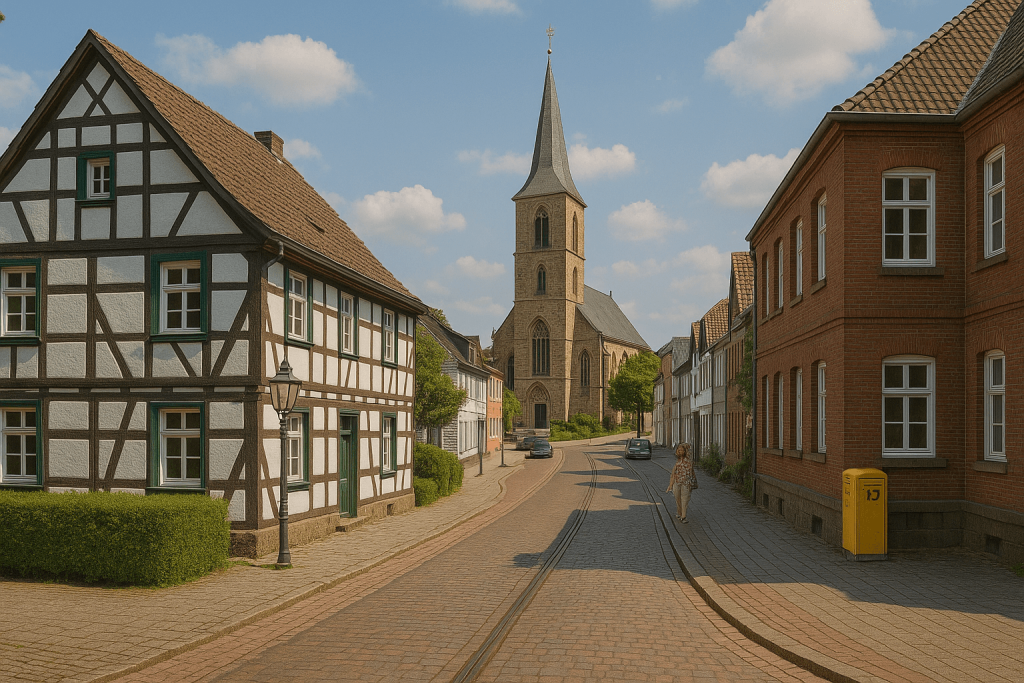 Blick auf die Altstadt von Heiligenhaus mit Fachwerkhäusern und der zentralen Kirche im Hintergrund, daneben Infotext zur Erstellung eines individuellen Sanierungsfahrplans (iSFP).
