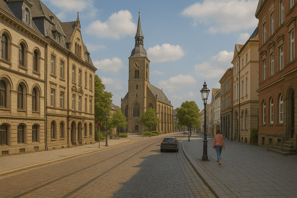 Straßenszene in Bochum mit Kirche, historischen Gebäuden und Passanten; daneben Textblock zur Erstellung eines individuellen Sanierungsfahrplans (iSFP).