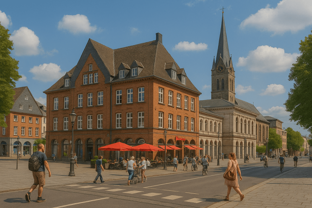 Roter Backsteinbau mit Straßencafé und roten Sonnenschirmen auf einem Platz in Remscheid, im Hintergrund eine Kirche mit hohem Turm, daneben Text zur Erstellung eines individuellen Sanierungsfahrplans (iSFP).