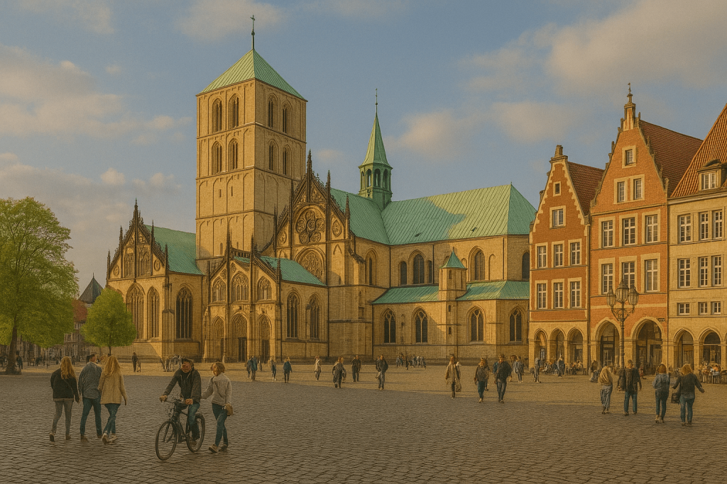 Blick auf den St.-Paulus-Dom und den Prinzipalmarkt in Münster mit Menschen auf dem Platz, daneben Infotext zur Erstellung eines individuellen Sanierungsfahrplans (iSFP).