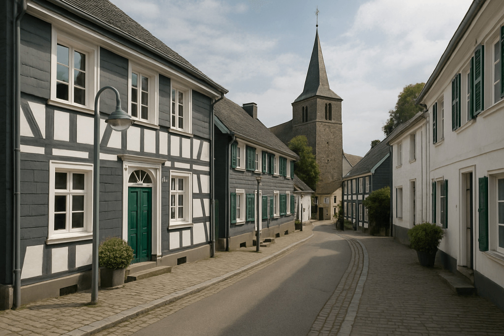 Historische Fachwerkhäuser mit grünen Türen in einer schmalen Straße in Wülfrath, im Hintergrund der Turm einer Kirche, daneben Text zur Erstellung eines individuellen Sanierungsfahrplans (iSFP).