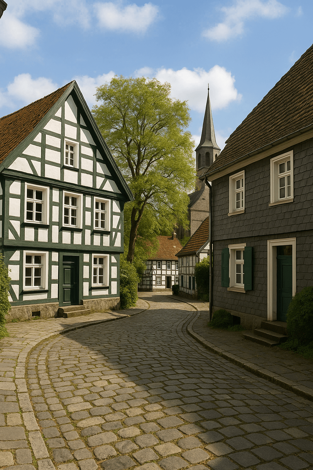 Historische Altstadt von Sprockhövel mit Fachwerkhäusern und Kopfsteinpflasterstraße, im Hintergrund eine Kirche, daneben Text zur Erstellung eines individuellen Sanierungsfahrplans (iSFP).