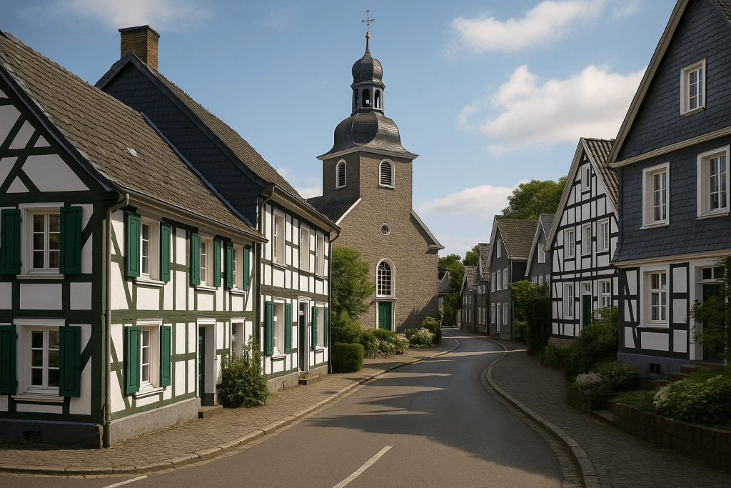 Fachwerkhäuser mit grünen Fensterläden in einer ruhigen Straße von Radevormwald, im Hintergrund die evangelische Kirche mit markantem Zwiebelturm, daneben Text zur Erstellung eines individuellen Sanierungsfahrplans (iSFP).
