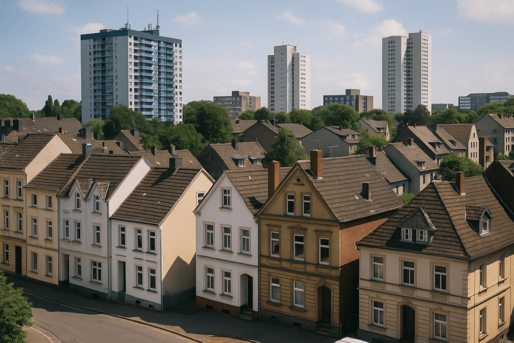 Straßenansicht in Gelsenkirchen mit älteren Wohnhäusern im Vordergrund und modernen Hochhäusern im Hintergrund; daneben Textblock zur Erstellung eines individuellen Sanierungsfahrplans (iSFP).
