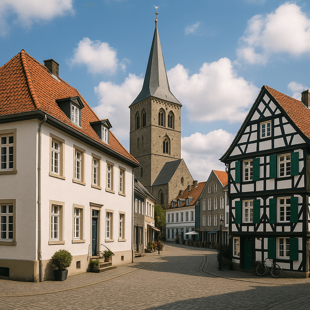 Historische Altstadt von Ratingen mit Fachwerkhaus und der St.-Peter-und-Paul-Kirche im Hintergrund, daneben Text zur Erstellung eines individuellen Sanierungsfahrplans (iSFP).