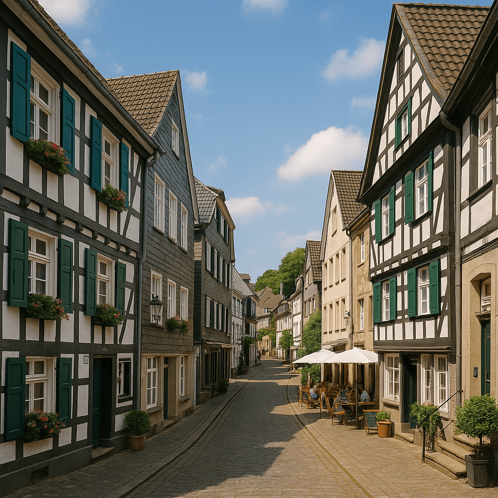Historische Fachwerkhäuser in einer schmalen Gasse in Mettmann mit Straßencafé im Vordergrund, daneben Infotext zur Erstellung eines individuellen Sanierungsfahrplans (iSFP).