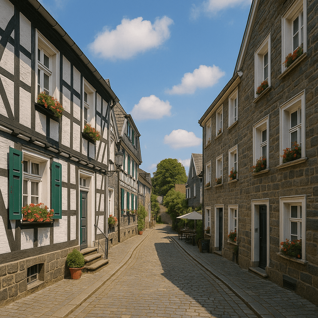 Historische Fachwerkhäuser und Steingebäude in einer engen Kopfsteinpflastergasse in Haan; daneben Textblock zur Erstellung eines individuellen Sanierungsfahrplans (iSFP).