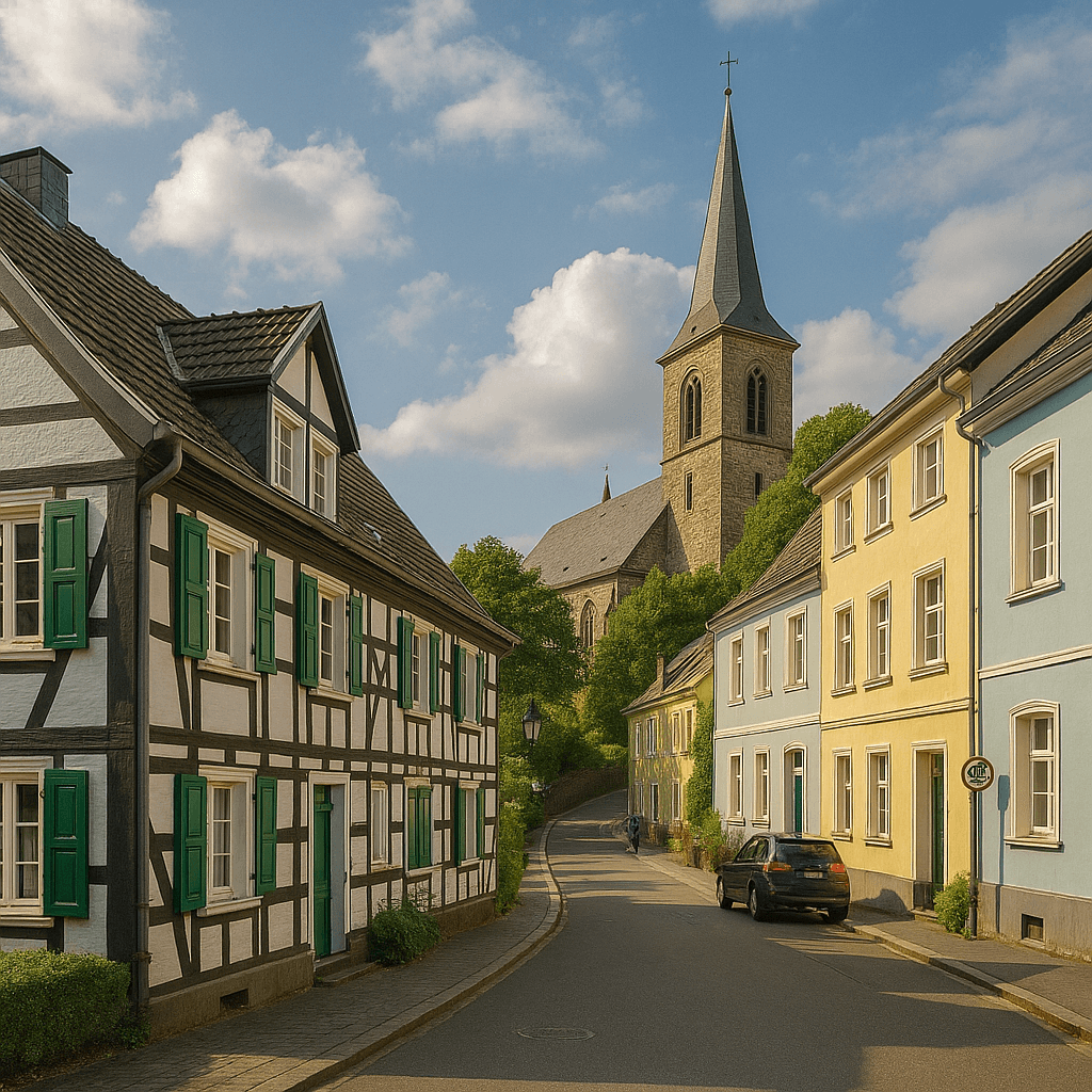 Straßenansicht in Erkrath mit Fachwerkhäusern, bunten Wohnhäusern und einer Kirche mit spitzem Turm im Hintergrund; daneben Textblock zur Erstellung eines individuellen Sanierungsfahrplans (iSFP).