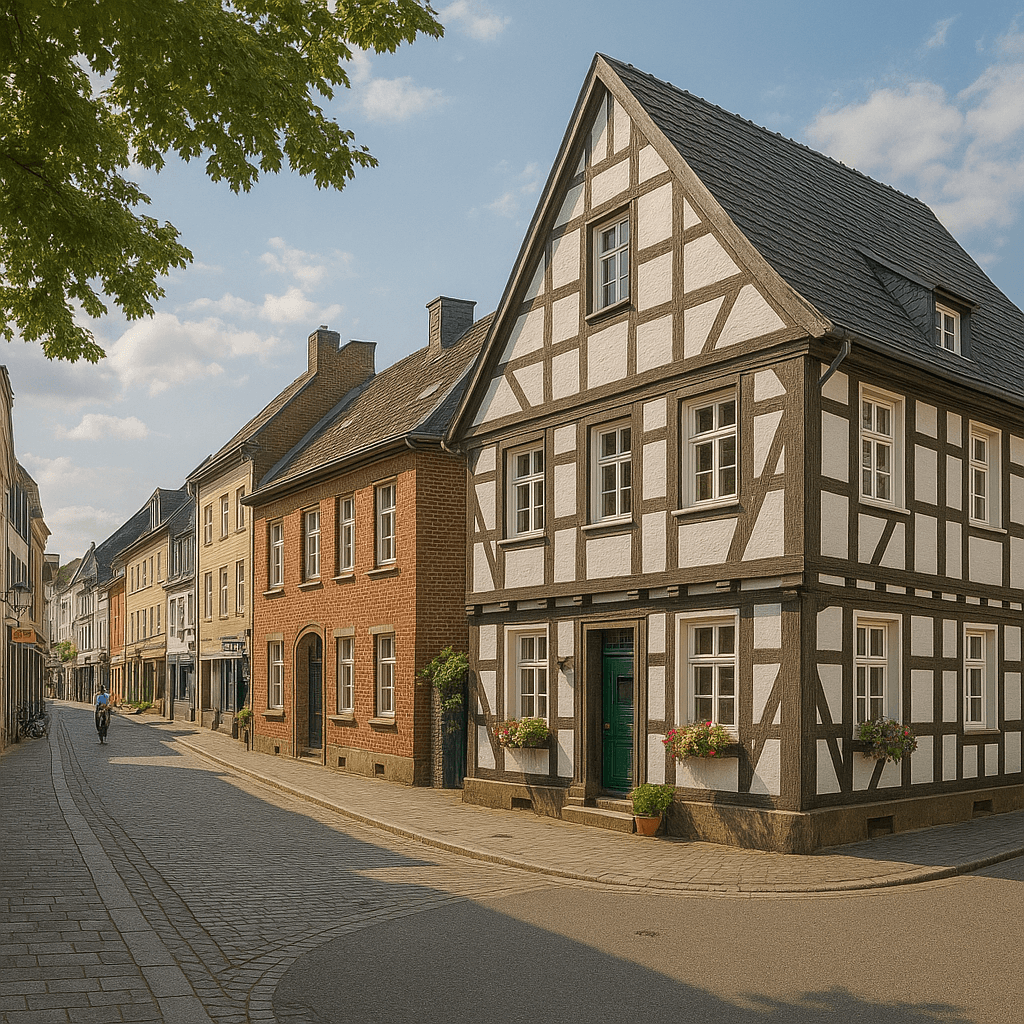 Historisches Fachwerkhaus mit angrenzenden Gebäuden in der Altstadt von Hilden, daneben Infotext zur Erstellung eines individuellen Sanierungsfahrplans (iSFP).
