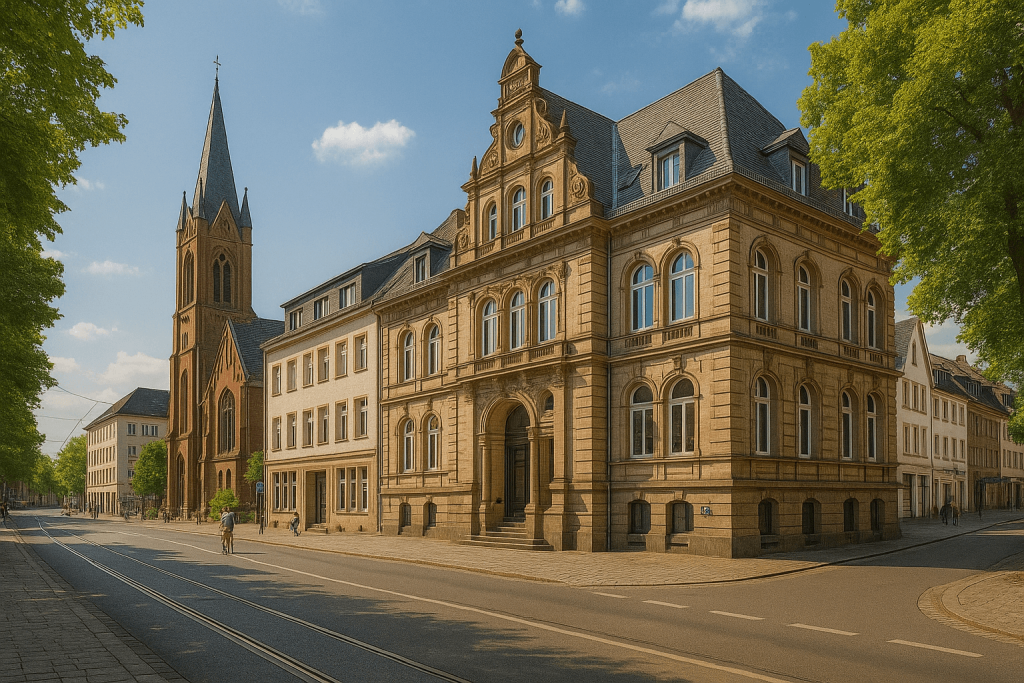 Historisches Gebäude mit Sandsteinfassade und Nachbarhäusern in Mülheim an der Ruhr, links eine Kirche, daneben Infotext zur Erstellung eines individuellen Sanierungsfahrplans (iSFP).